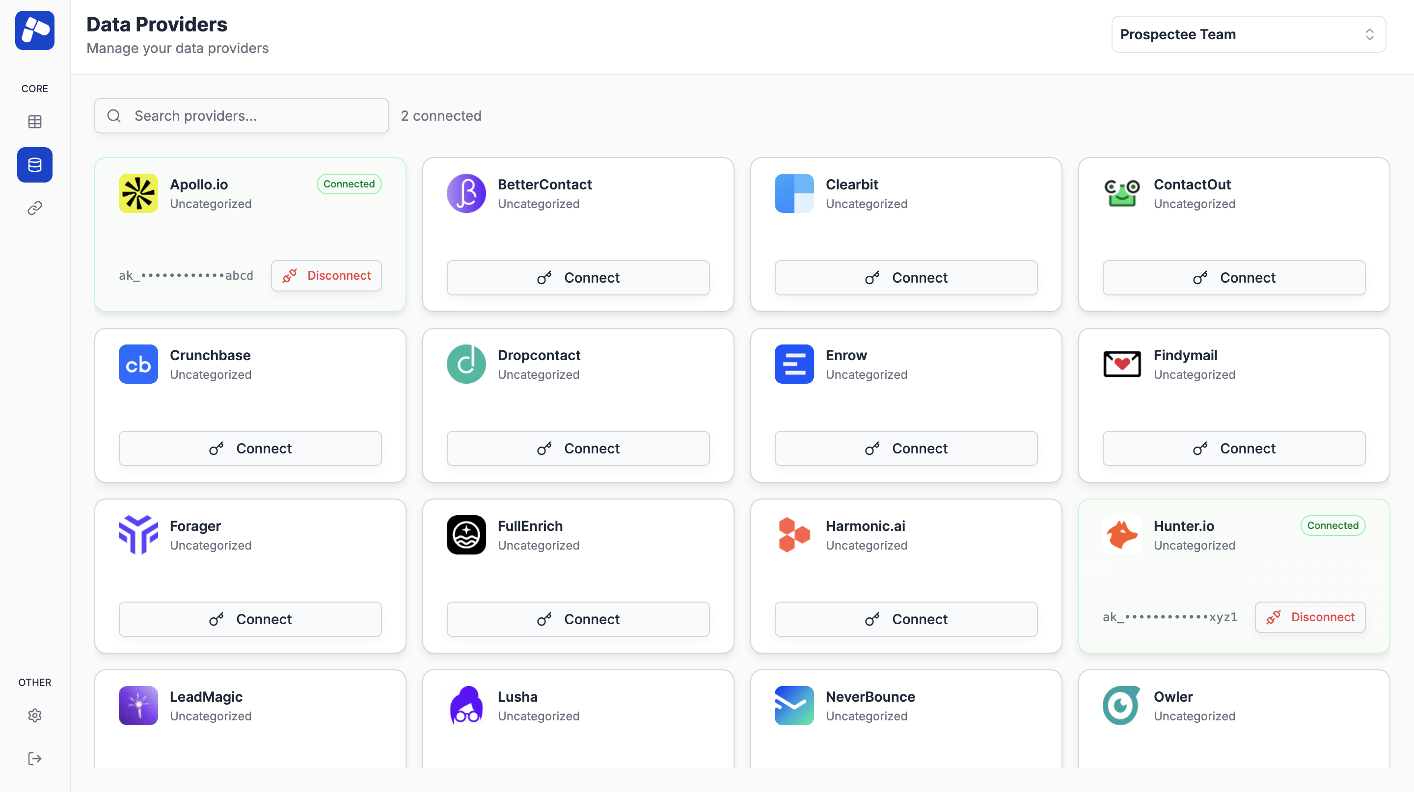 Prospectee showing connected data providers for waterfall lead enrichment